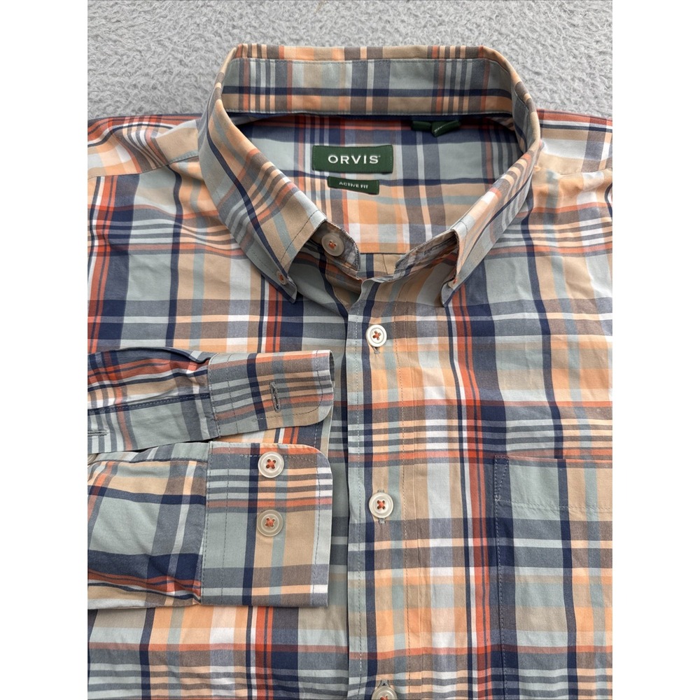 Orvis Heritage Wash Casual Shirt Mens XL Active Fit Salmon Blue Check L/S